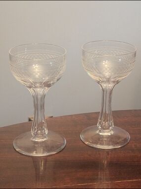 Two (2) Vintage Hollow Stem Etched Champagne Glass